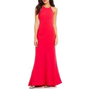 NWOT Calvin Klein Open Back Halter Red Full Length Formal Gown Dress